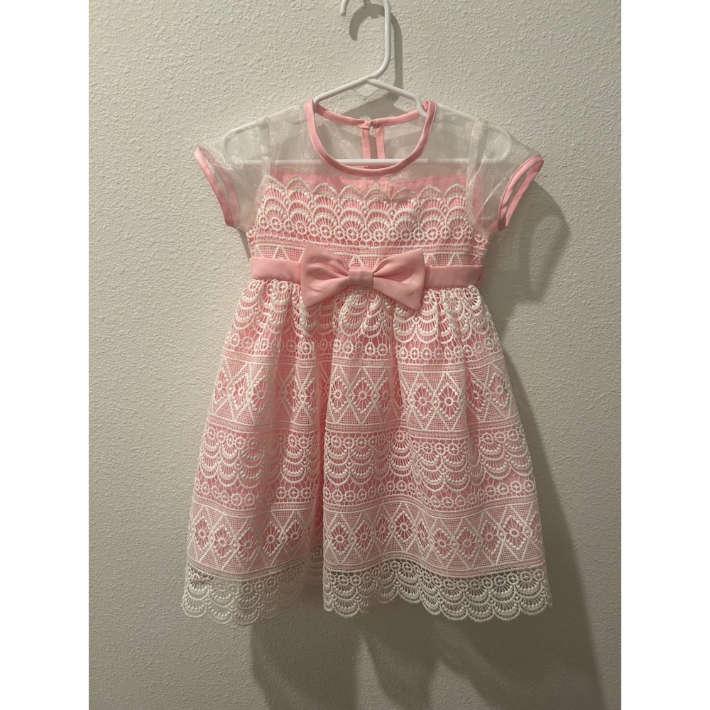Rare Editions Toddler Girls Pink White Lace Bow Special Occasion Dress 24M